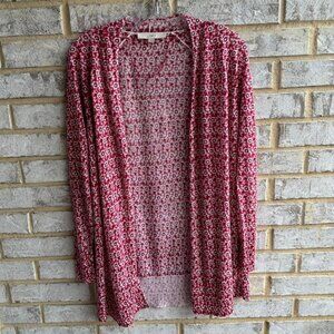 Ann Taylor Loft Red & White Floral Open Front Cardigan Sweater Women's Size M.